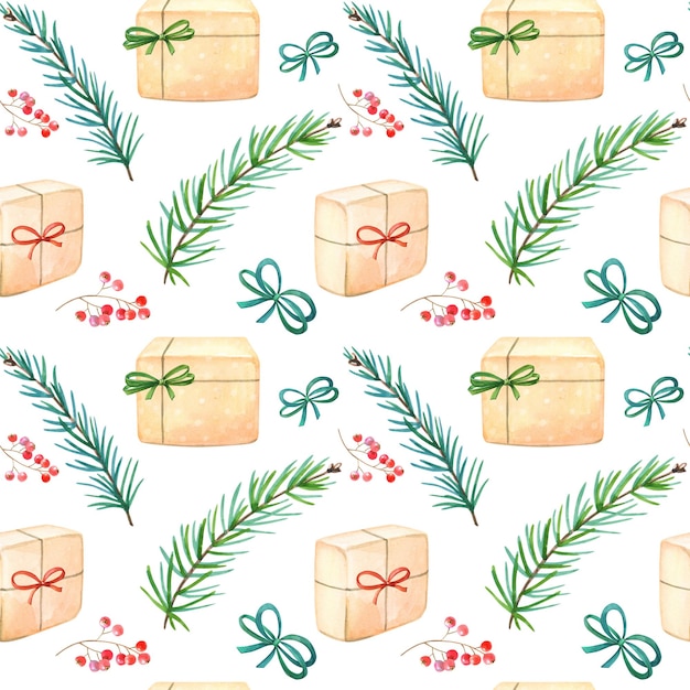 Watercolor Christmas gift boxes,bow, green pine branches on white background. Seamless pattern. Hand drawn watercolour graphic. New Year Party, festival decoration,celebration.