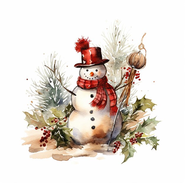 Watercolor Christmas greeting card with snowman