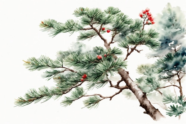 Photo watercolor christmas handdrawn illustration of red berries branch