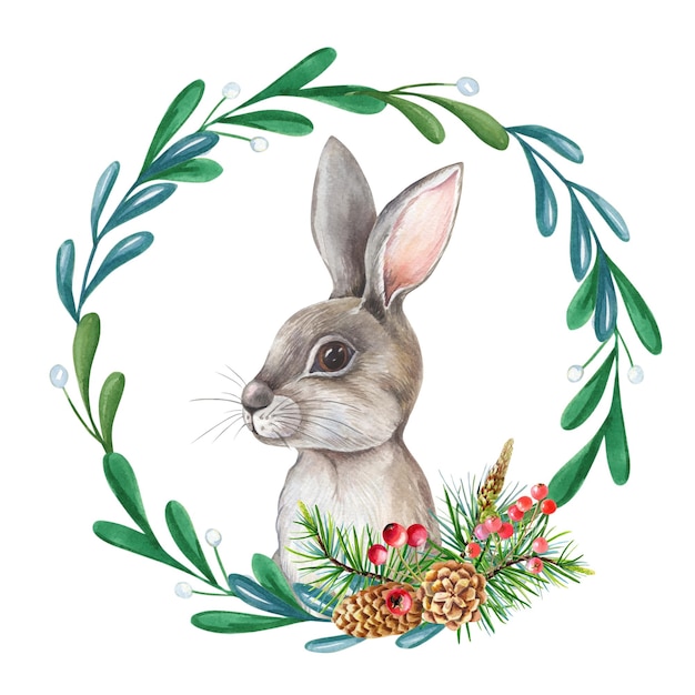 Watercolor Christmas hare New year illustration for winter card with bunny ad leaves of mistletoe