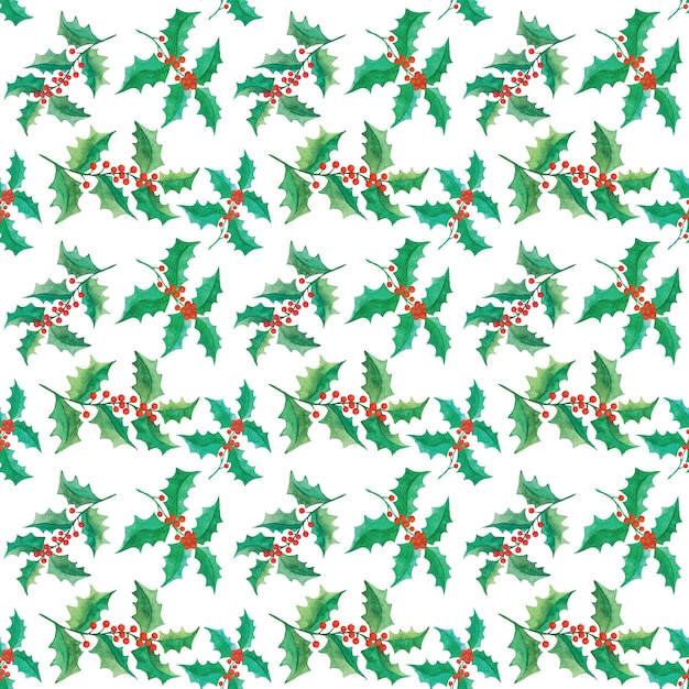 Watercolor christmas holly branches seamless pattern