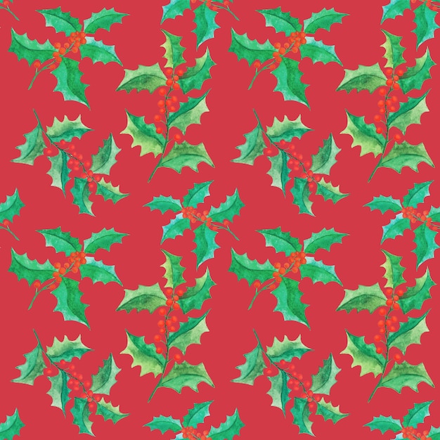 Watercolor christmas holly branches seamless pattern