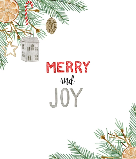 Watercolor christmas illustration card with fir branches and decor Isolated on white background