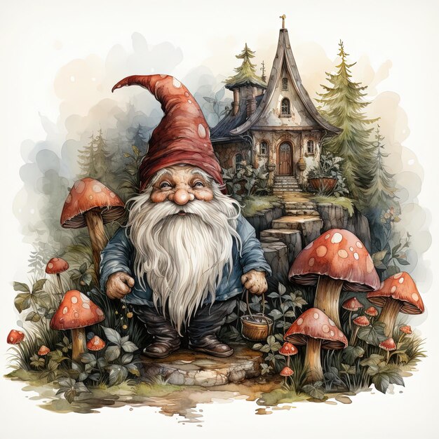 Watercolor Christmas illustration of a garden gnome