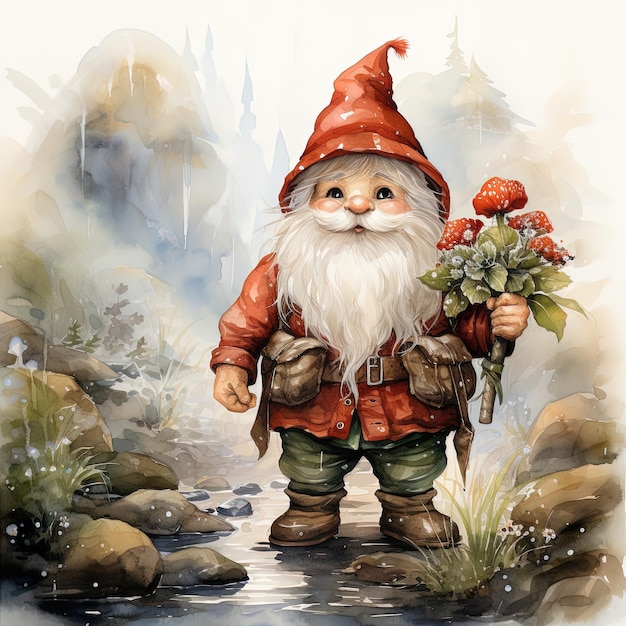 Photo watercolor christmas illustration of a garden gnome