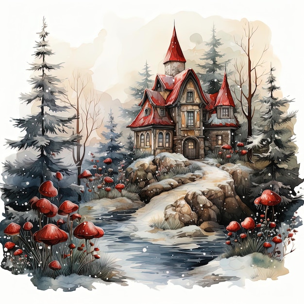 Watercolor Christmas illustration of a magical dwarf village