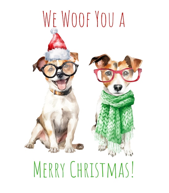 Watercolor Christmas jack russell terrier dog Xmas dog Merry Christmas jack russell terrier