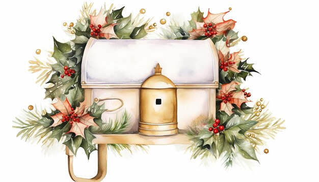 Watercolor christmas mailbox white beige gold series white background