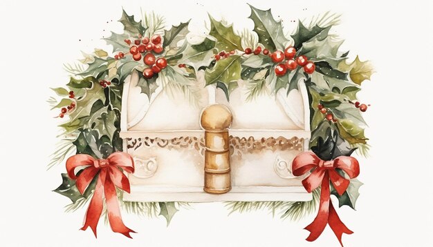 Watercolor christmas mailbox white beige gold series white background