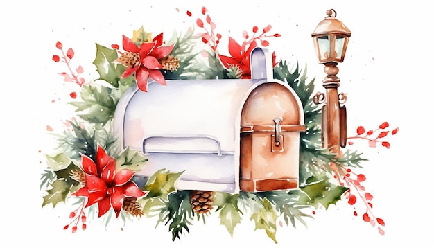 Фото Акварель рождественский почтовый ящик белый бежевый золотой серии белый фон