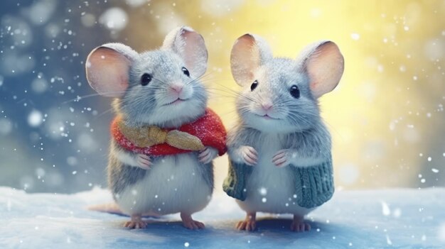 Photo watercolor christmas mice in winter