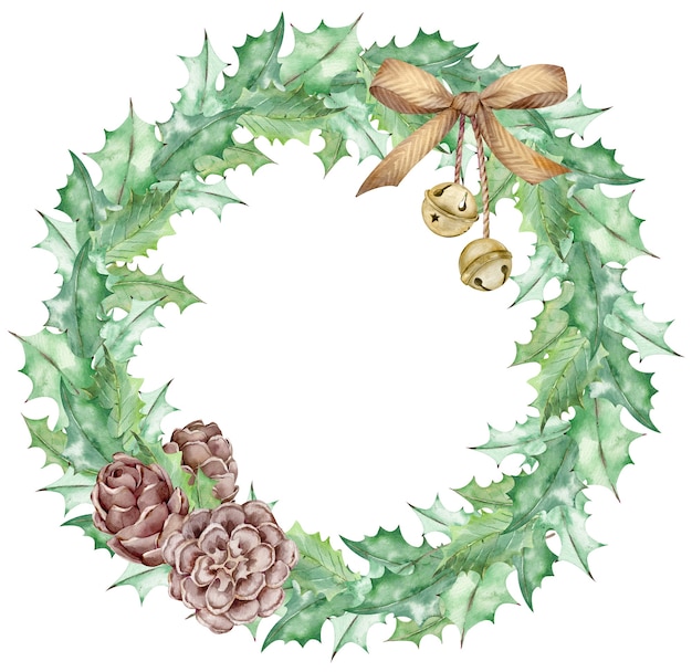 Watercolor Christmas mistletoe leaves wreath decorated with a golden bow, jingle bells and cones.