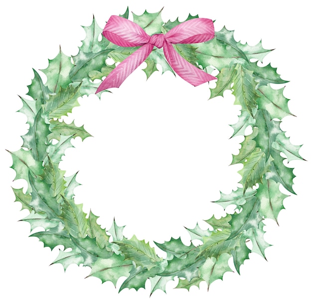 Watercolor Christmas mistletoe leaves wreath decorated with a pink bow. Hand-drawn New Year's template isolated on the white background.