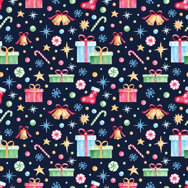 Photo watercolor christmas and new year seamless pattern for wrapping paper, fabric, textile, postcards.