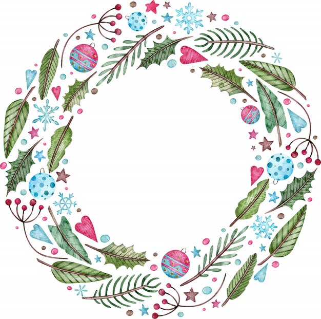 Watercolor Christmas and New Year wreath - fir tree, mistletoe and berries. Round green winter frame.