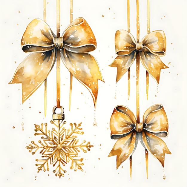 Watercolor of Christmas Ornaments Snowflakes Bows Reflection Shimmering Go Set Collection Art Fes