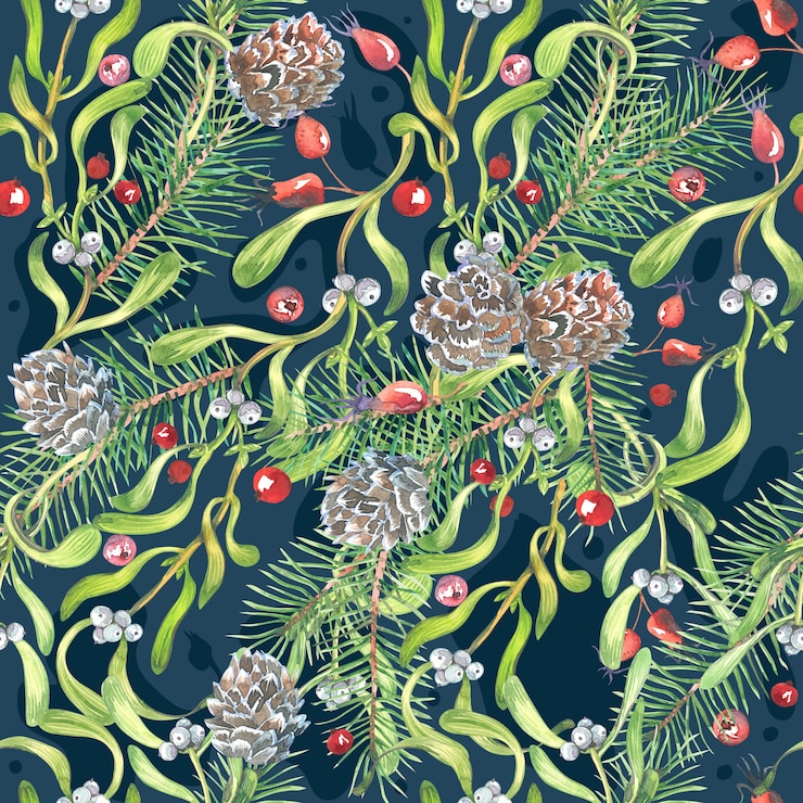 Photo watercolor christmas pattern, hellebore flowers, mistletoe, red berries