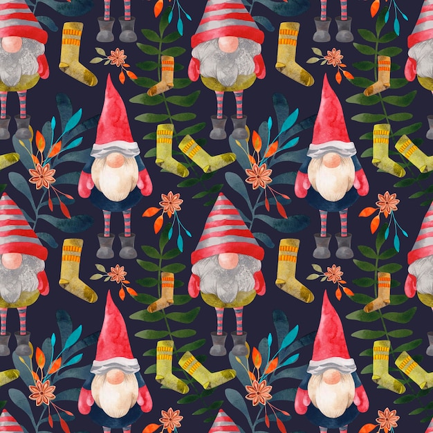 Watercolor Christmas pattern with funny gnomes