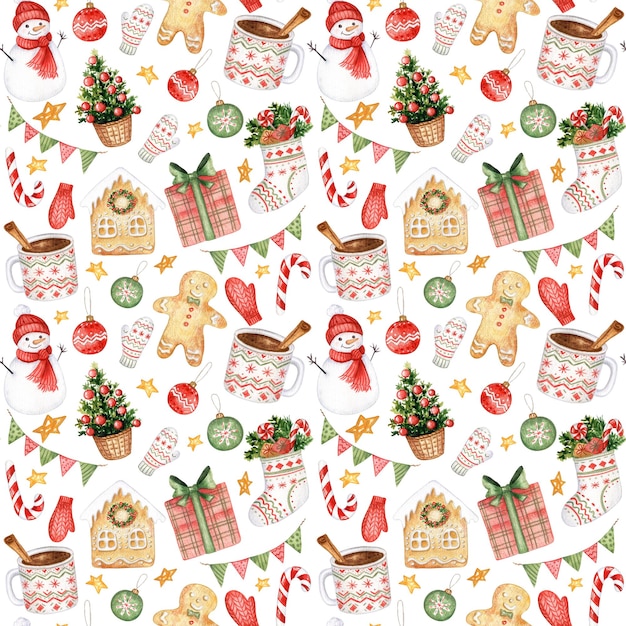 Watercolor Christmas pattern with hand drawn elements