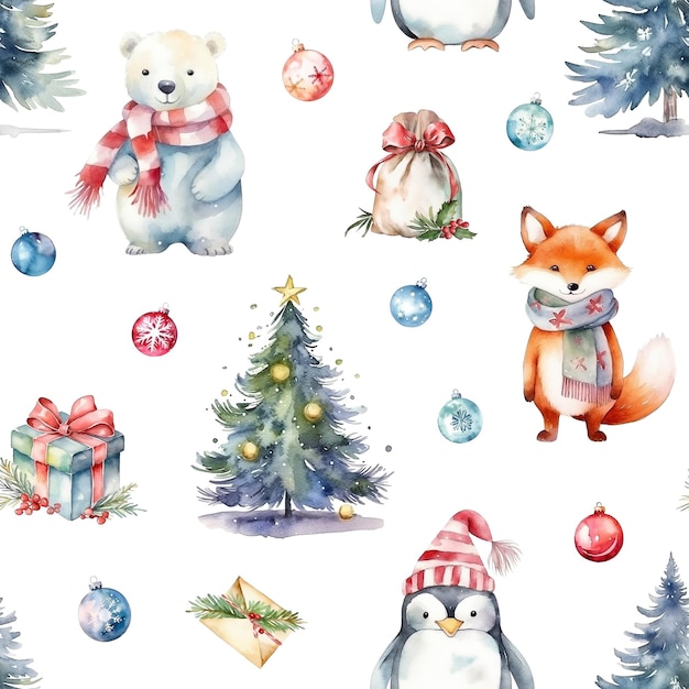 Watercolor Christmas pattern with polar bear fox penguin christmas trees and gift boxes isolated on white background Generative ai