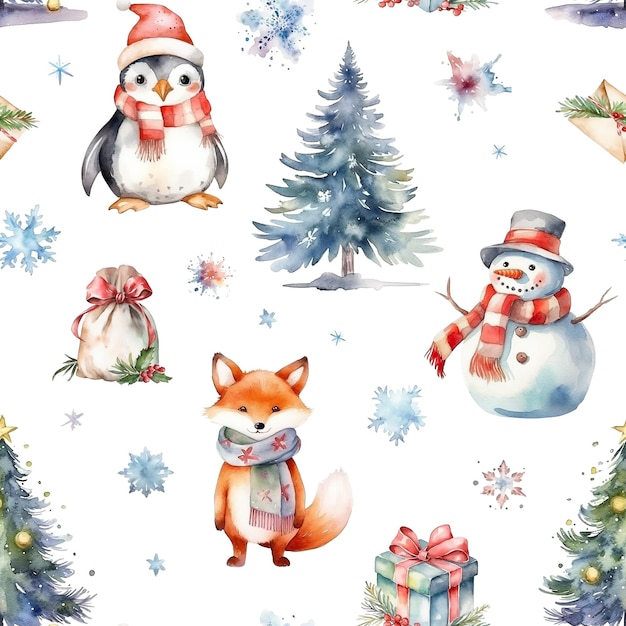 Акварельный рождественский узор со снеговиком, лисой, пингвином, рождественскими елками и подарочными коробками на белом фоне Generative ai