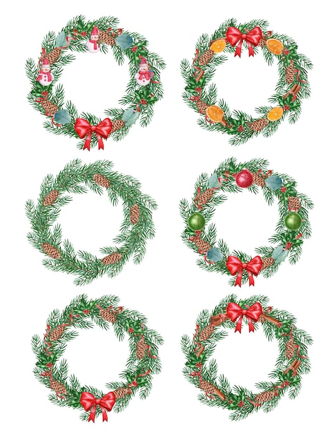 Watercolor christmas pine wreath with cones and decorations isolated on white background