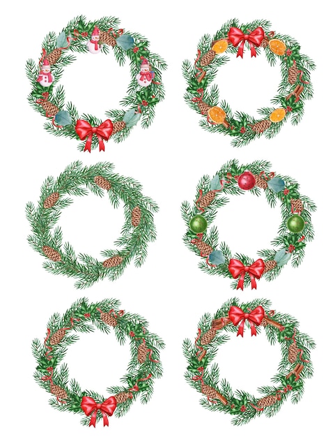 Photo watercolor christmas pine wreath with cones and decorations isolated on white background