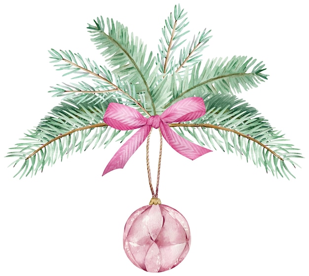 Watercolor Christmas pink ball hanging on pine branches and decorated with a pink bow. Hand-drawn illustration.