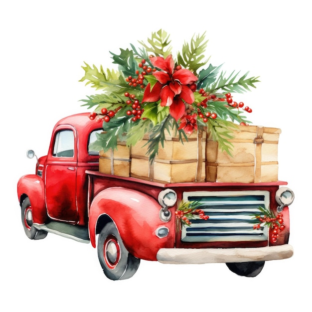 Watercolor Christmas red retro truck carrying Christmas decorations