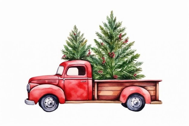 Watercolor Christmas red truck and Christmas tree isolated white background