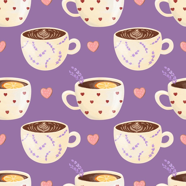 watercolor christmas seamless pattern ornament with hand drawn cup coffee tea cookie in heart shape