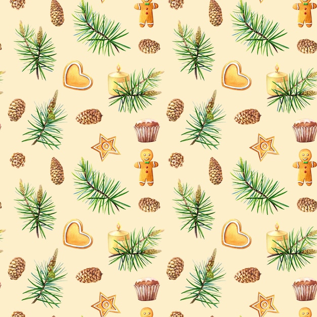 Watercolor Christmas seamless pattern with gingerbread,heart,candle,spruce branch, pine cone on a light background.Winter Holiday illustration for the New year.