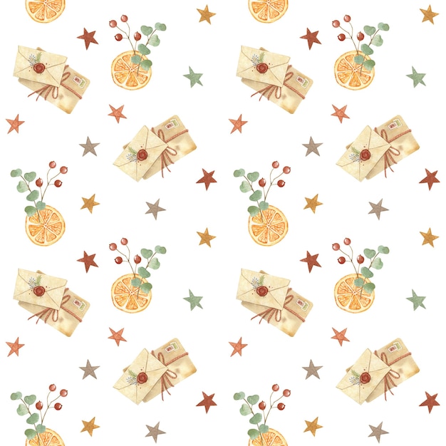 사진 메일 오렌지 유칼립투스 열매가 있는 수채색 크리스마스 원활한 패턴스칸디나비아 배경손으로 만든 휴일 삽화 디자인 카드 리넨 벽지 패브릭 섬유 포장
