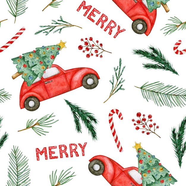 Watercolor christmas seamless pattern with red car berries fir candy Isolated on white