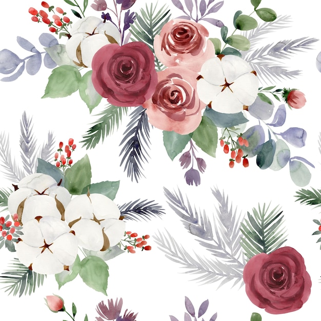Watercolor christmas seamless pattern with roses and cotton flowers