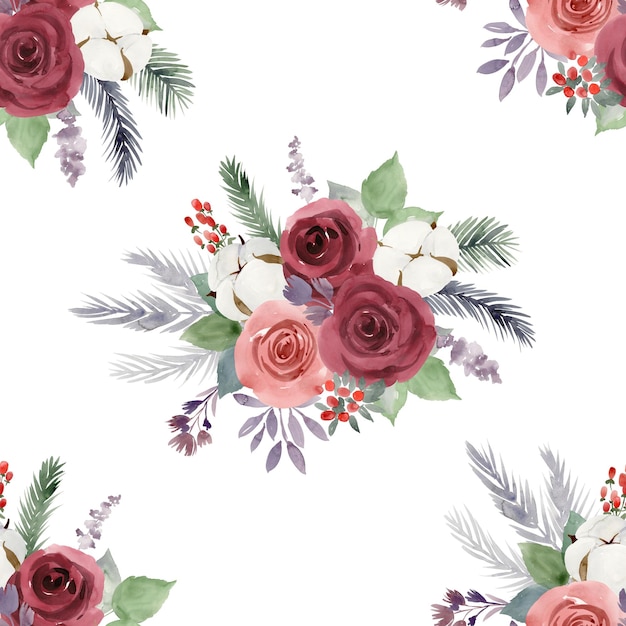 Watercolor christmas seamless pattern with roses and cotton flowers