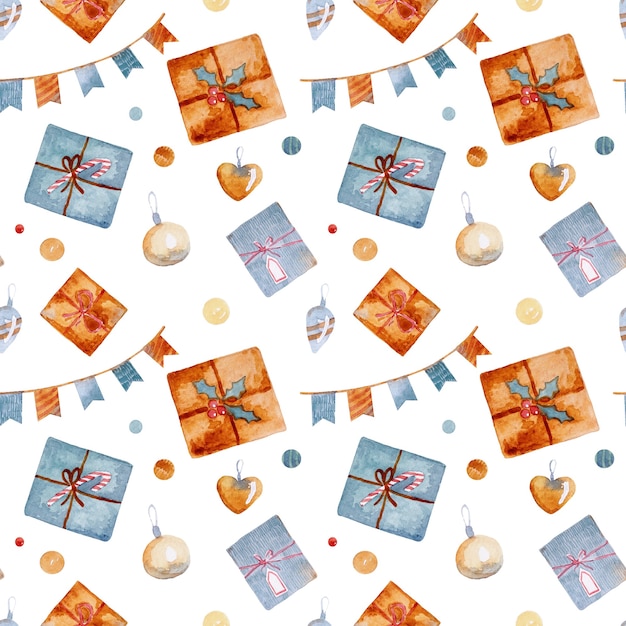 Watercolor Christmas seamless pattern with toys eve presents gingerbread stars and snowflakes