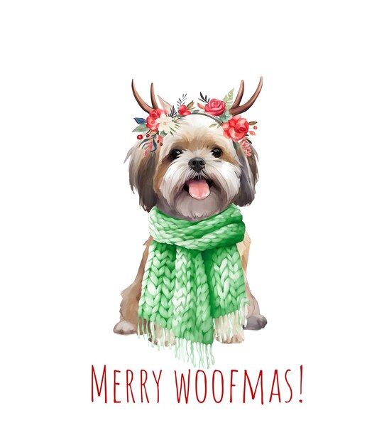 Акварель Рождественское дерьмо собака Цзу Рождество милая собака в шляпе галстук и лук Счастливого Рождества дерьмо Цзу