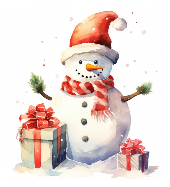 Акварель рождественский снежный человек с подарками