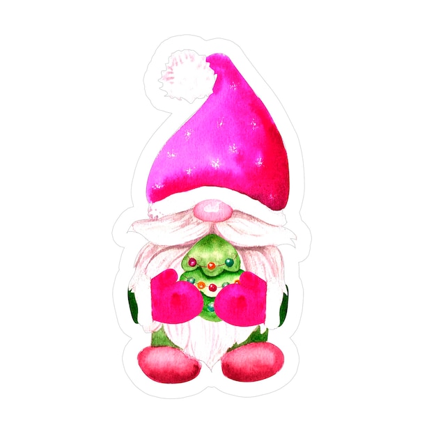 Watercolor christmas sticker with gnomes watercolor illustration