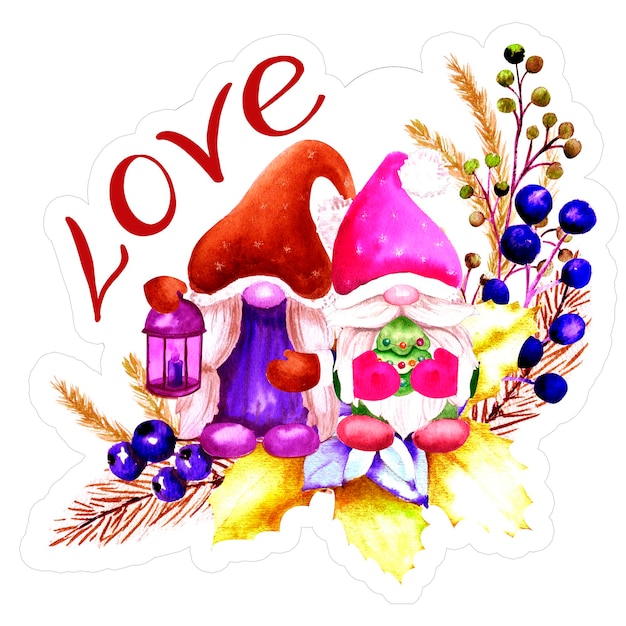 Photo watercolor christmas sticker with gnomes watercolor illustration