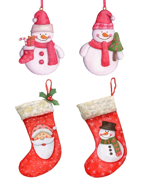 Watercolor Christmas stockings and Christmas decorations on white background.