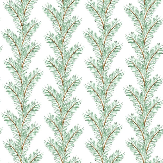 Watercolor Christmas tree branch seamless pattern. Winter pine branch background. Hand-drawn botanical evergreen branches illustration. New year's pattern.