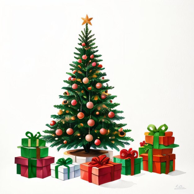 Watercolor Christmas Tree and Gifts Clipart