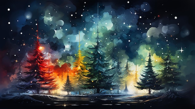 Photo watercolor christmas tree illustration happy new year card