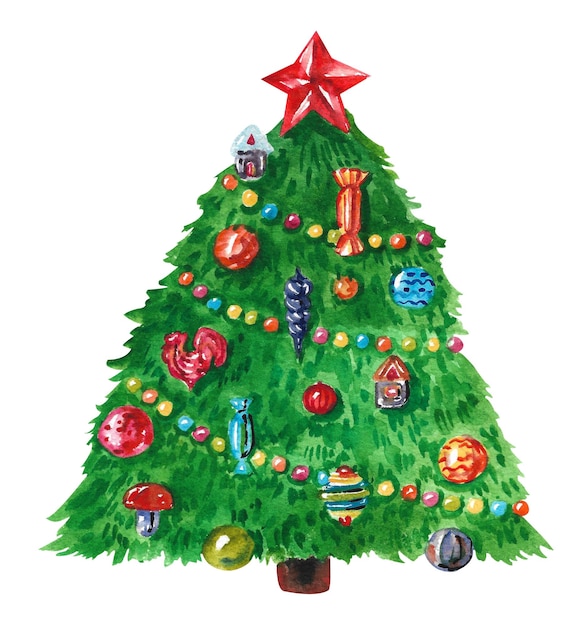 Watercolor Christmas tree A large green Christmas tree with colorful toys a garland and a red star on a white background