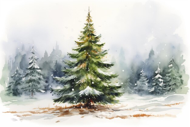 Watercolor of Christmas tree in snow in Christmas and New Year Festival