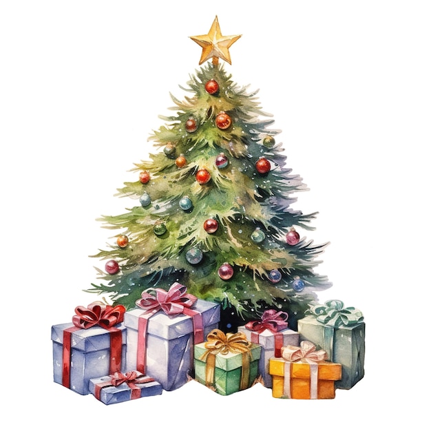 ギフトと水彩のクリスマス ツリー ボール花輪とプレゼントと常緑樹のスプルース