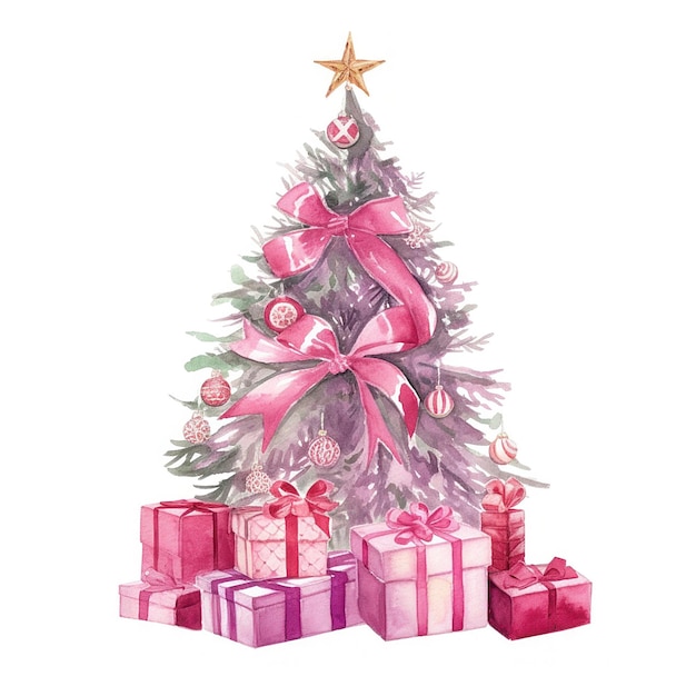 Watercolor Christmas Tree with Gifts Illustration AI GenerativexA