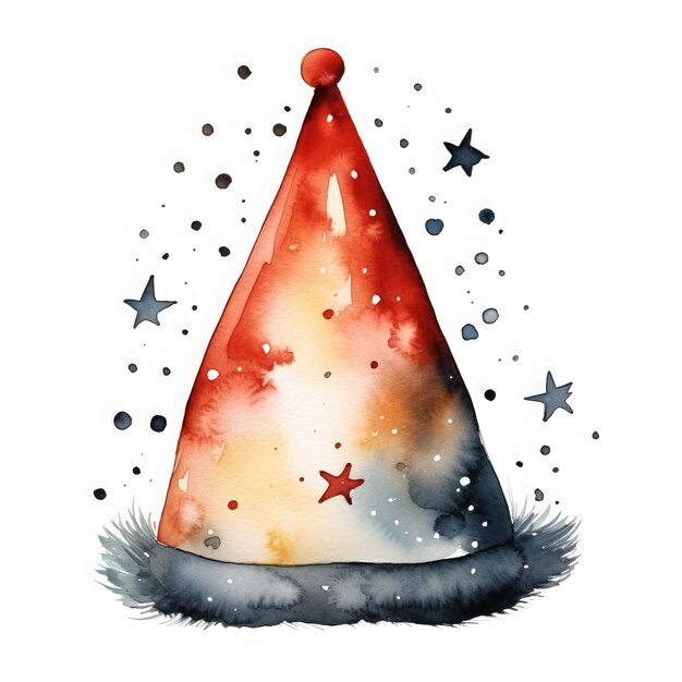 Watercolor christmas tree with red and blue stars on a white background